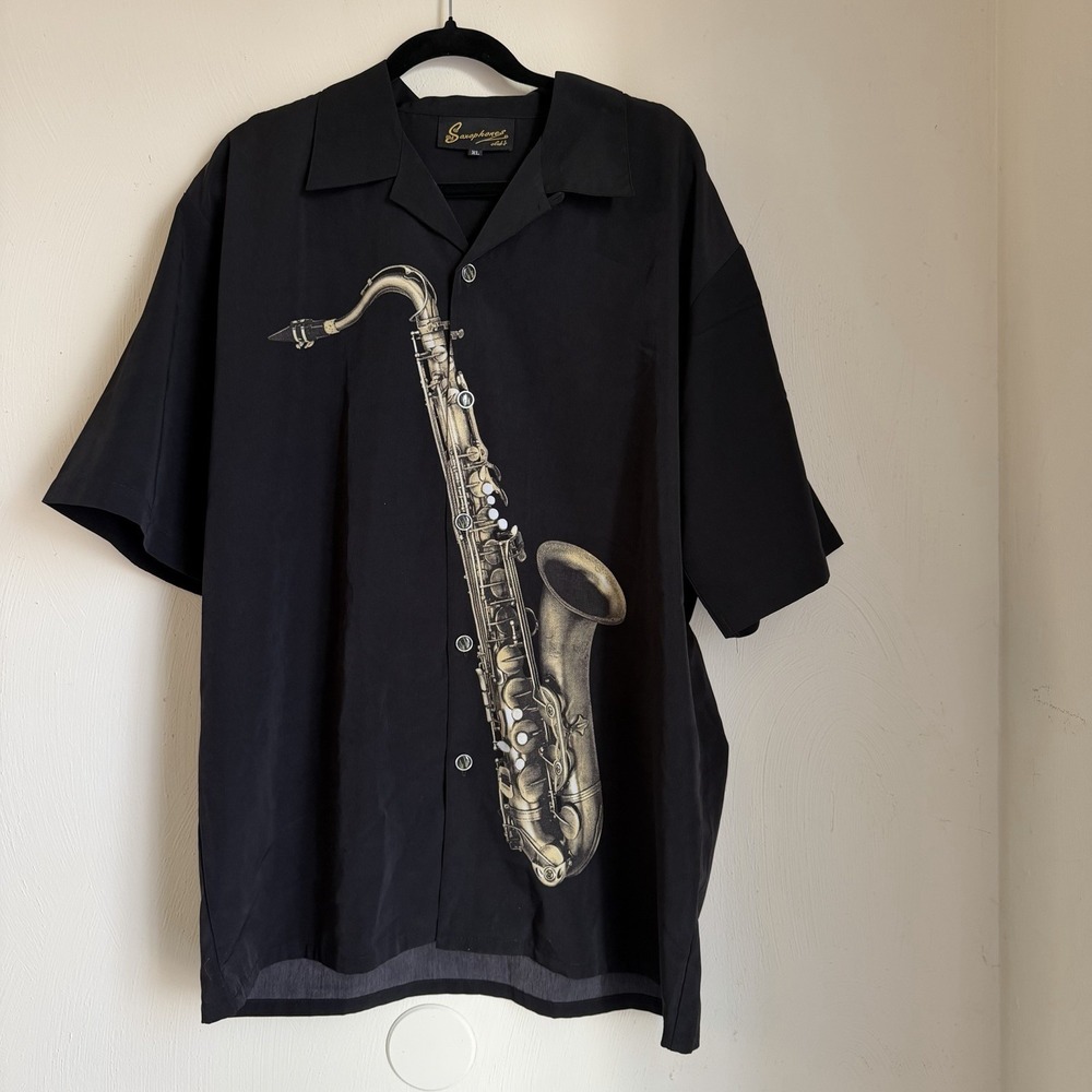 Saxophone Graphic Camp Shirt Mens XL Black Jazz Musician Retro Button Up